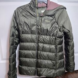 REI Co-op Stratocloud Down Hoodie Jacket Coat Olive